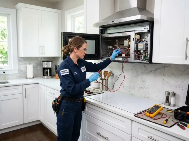 Appliance Repair Hero technician testing an over-the-range microwave in a Avon By The Sea, NJ kitchen